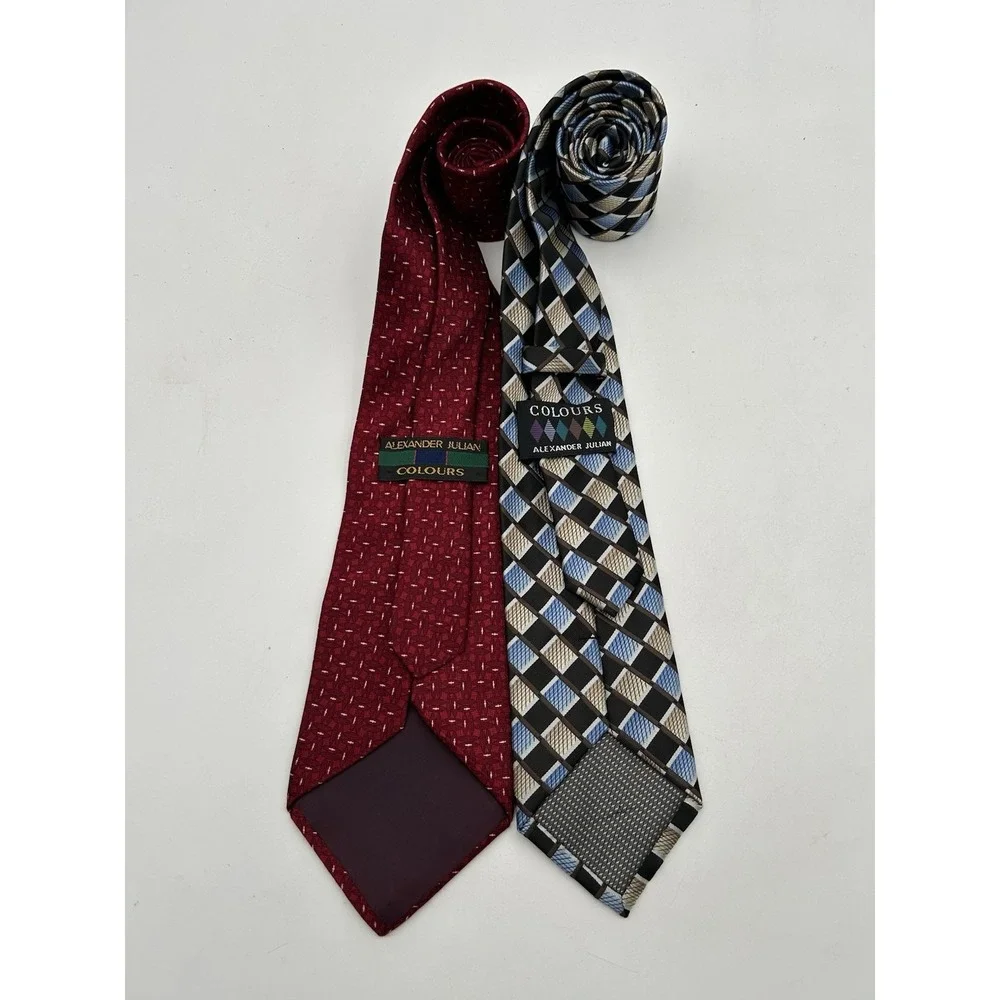 Alexander Julian Colours Blue Geometric &‎ Red Hot Necktie Lot of 2